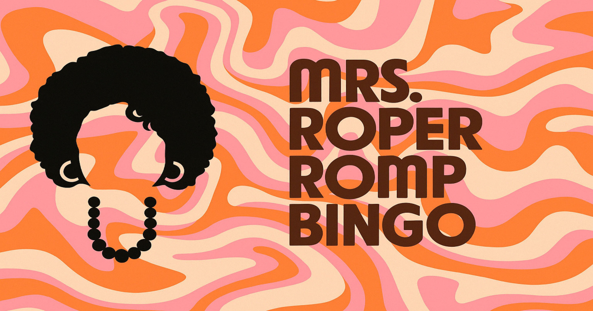 Mrs. Roper Romp Bingo logo with a black bouffant hairstyle and necklace on a pink and orange wavy background