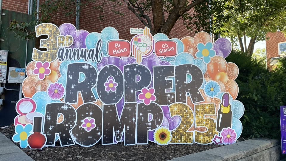 Colorful Phoenixville Roper Romp event sign